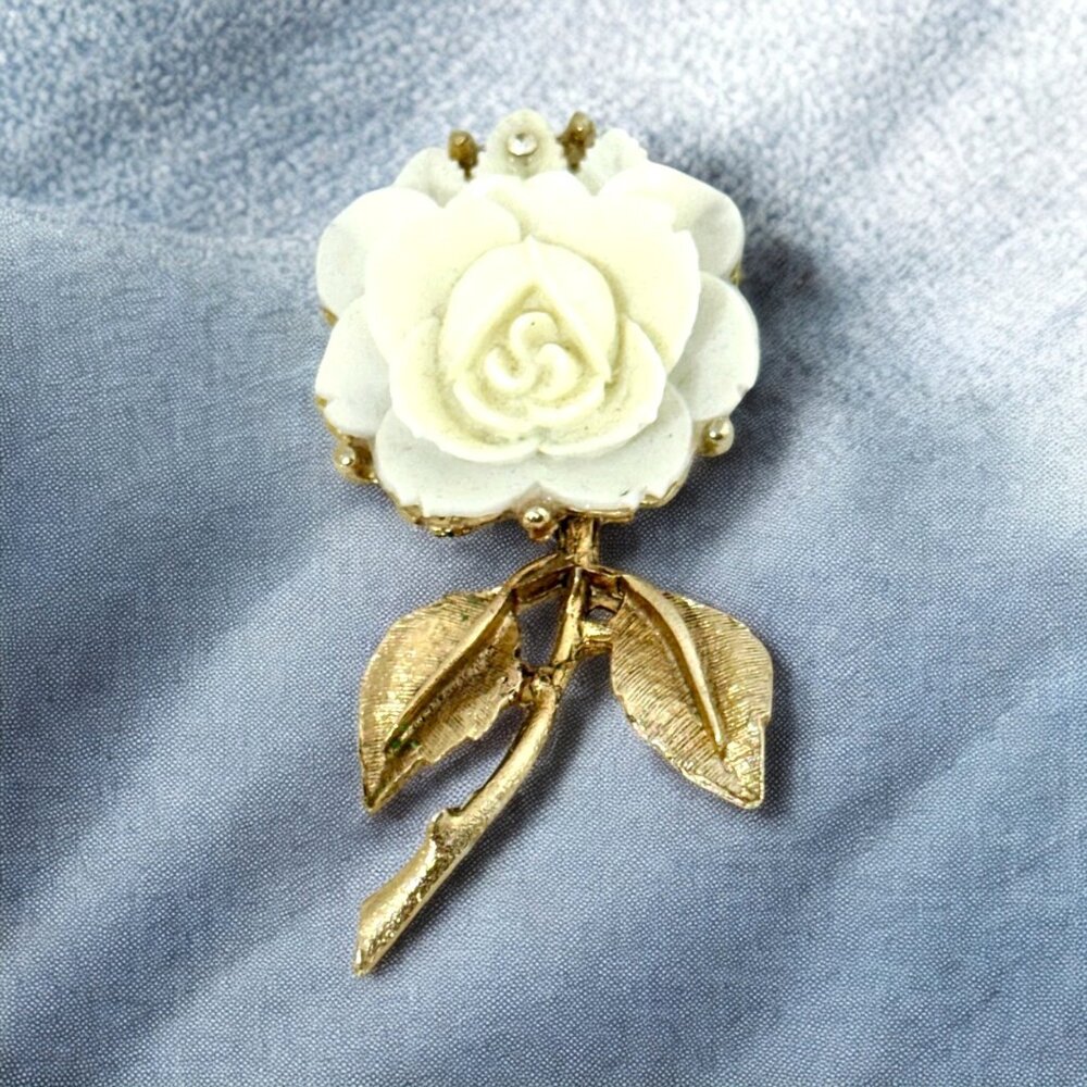 Vintage White Rose & Gold-Tone Brooch/Pin w/Crystal Rhinestone
